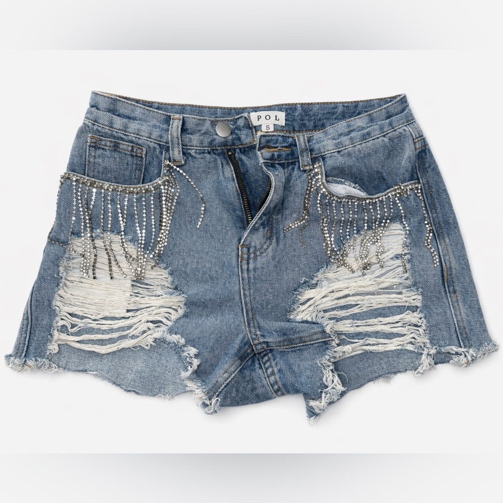 POL Blue Distressed Denim Shorts with Rhinestone Fringe